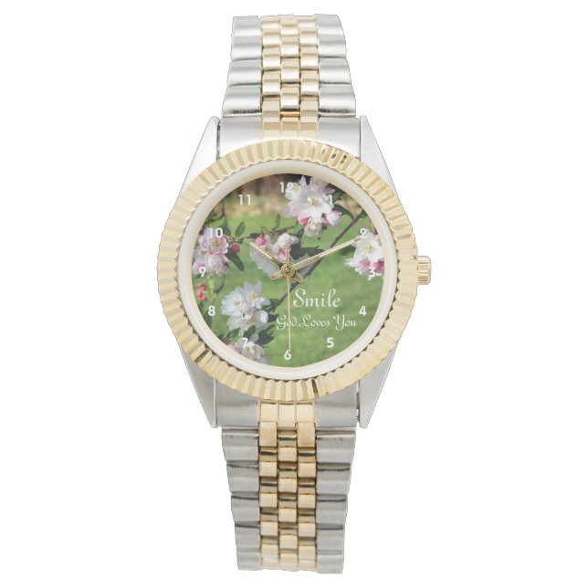 Smile God houdt van je bloesems Inspirerend Horloge (Voorkant)