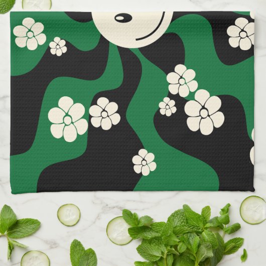 Smile - Groen, Cream en Zwart Theedoek (Gevouwen)