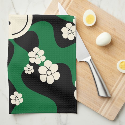 Smile - Groen, Cream en Zwart Theedoek (Quarter Fold)