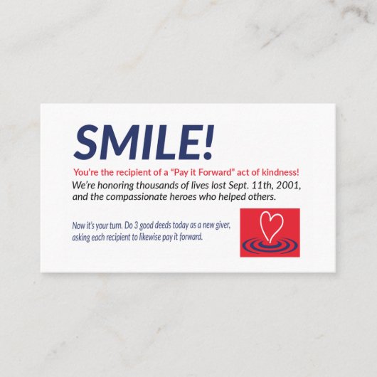 Smile Kaarten van Pay it Forward 9/11 Visitekaartje (Voorkant)
