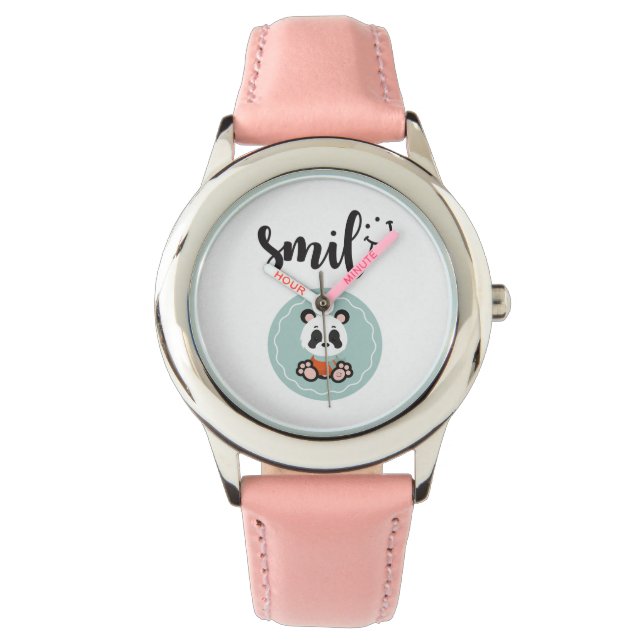 Smile Panda RVS Kinder horloge - Roze (Voorkant)