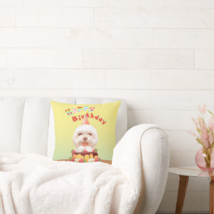 Smile Pup: Gelukkige Verjaardag Bichon & Cake Kuns Kussen