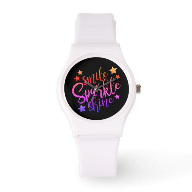 Smile Sparkle Shine Black Multi Colour Quote Horloge (Voorkant)