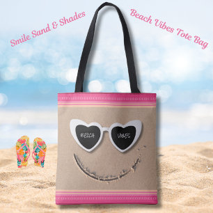 Smile Zand & Shades Strand Vibe Zomer Boodschappen Tote Bag