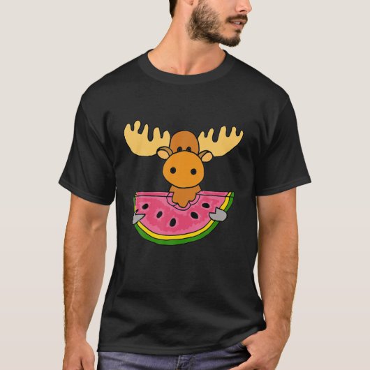 Smilenows Funny Moose Eating Watermeloen Cartoon T-shirt (Voorkant)