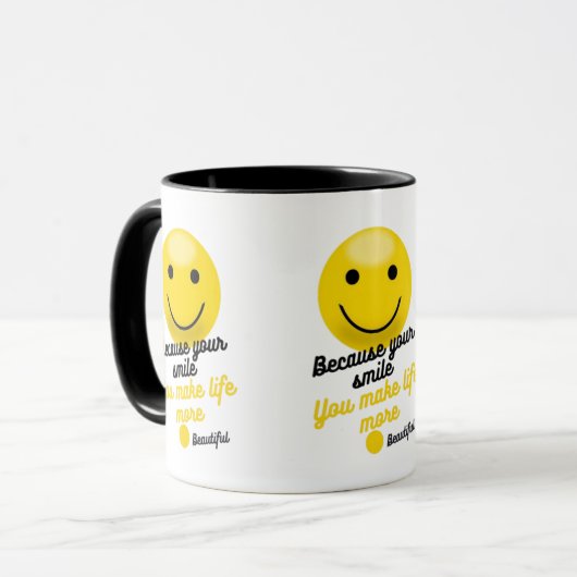Smiley Inspirational Quote Mug – Because Your Smil Mok (Voorkant links)