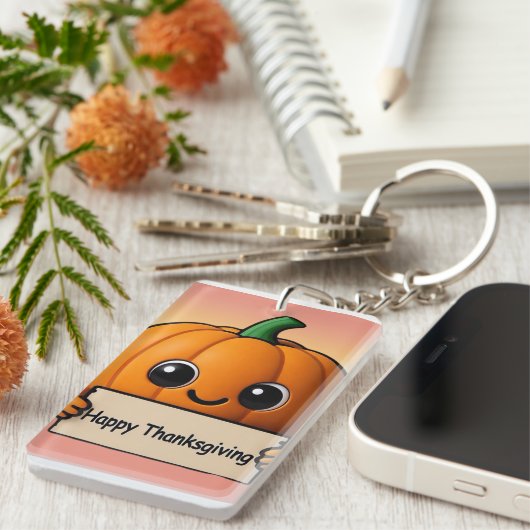Smiley Pumpkin Charm - Happy Thanksgiving Keychain (Voorkant Rechts)