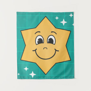 Smiley ster geel blauw kerst kinder ontwerp wandkleed