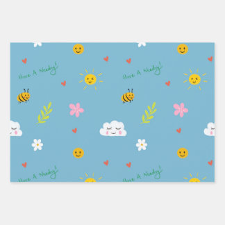 Smiley wolken, bijen en bloemen naadloos patroon inpakpapier vel
