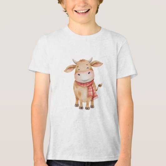 Smiling Baby Cow Watercolor Nursery Illustration Tri-Blend Shirt (Voorkant)