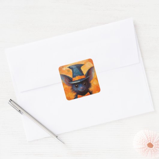Smiling Bat in Witch Hat Vierkante Sticker (Envelop)