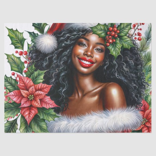Smiling Black Woman In Santa Hat Christmas Tissuepapier (Voorkant)