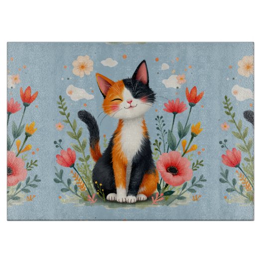 Smiling Calico Cat in Blooming Garden Snijplank (Voorkant)