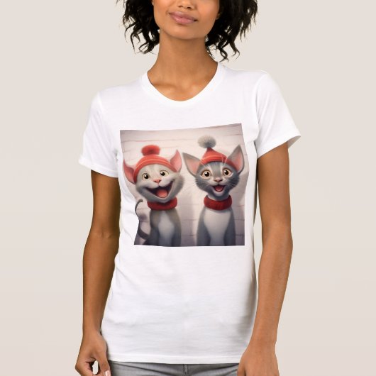 Smiling Cartoon Cats With Red Hats And Collars T-shirt (Voorkant)