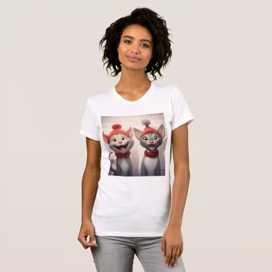 Smiling Cartoon Cats With Red Hats And Collars T-shirt (Voorkant volledig)