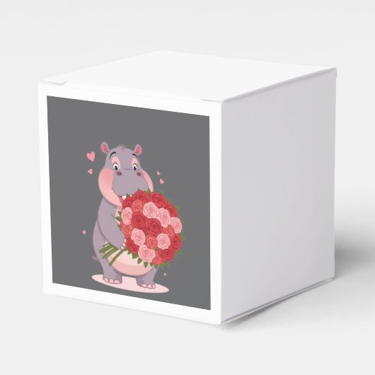Smiling cartoon hippo holding a huge bouquet bedankdoosjes (Voorkant Zijde)