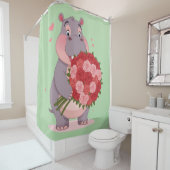 Smiling cartoon hippo holding a huge bouquet  douchegordijn (In situ)