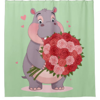 Smiling cartoon hippo holding a huge bouquet  douchegordijn