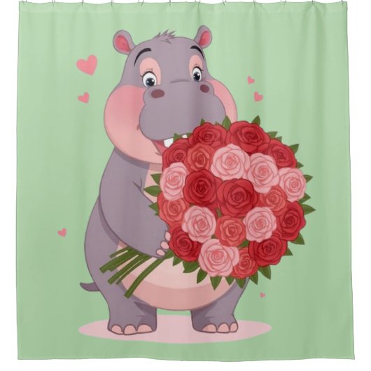 Smiling cartoon hippo holding a huge bouquet  douchegordijn (Voorkant)