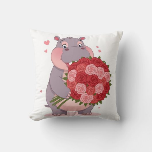 Smiling cartoon hippo holding a huge bouquet  kussen (Voorkant)