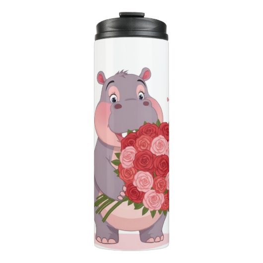 Smiling cartoon hippo holding a huge bouquet thermosbeker (Voorkant)