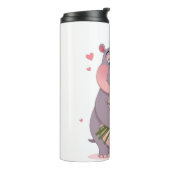 Smiling cartoon hippo holding a huge bouquet thermosbeker (Gedraaid links)