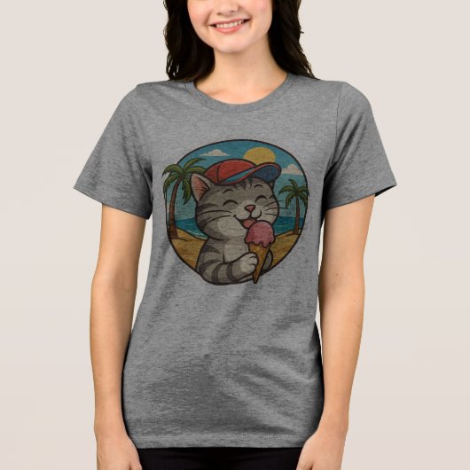 Smiling Cat Eating Ice Cream – Cute Summer Sticker Tri-Blend Shirt (Voorkant)