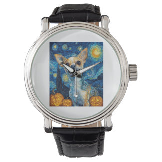 smiling chihuahua dog starry night by Van Gogh fin Horloge