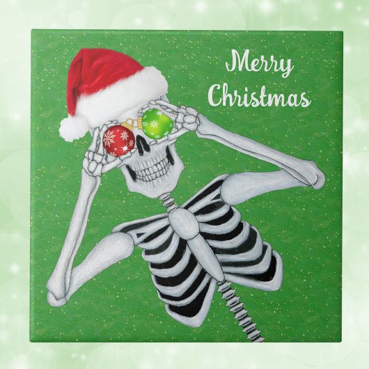 Smiling Christmas Skeleton Ornament Eyes Green Tegeltje