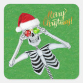 Smiling Christmas Skeleton Ornament Eyes on Green Vierkante Sticker (Voorkant)
