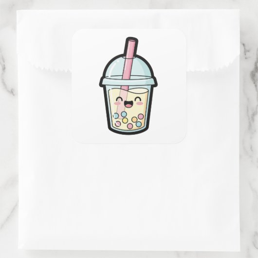 Smiling Cupcake – Cute Kawaii Illustration Vierkante Sticker (Tas)