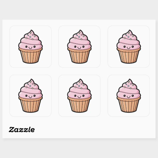 Smiling Cupcake – Cute Kawaii Illustration Vierkante Sticker (Vel)