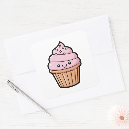 Smiling Cupcake – Cute Kawaii Illustration Vierkante Sticker (Envelop)