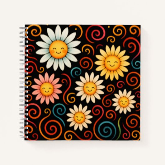 Smiling Daisies and Swirls Deluxe Spiral Notitiebo Notitieboek (Voorkant)
