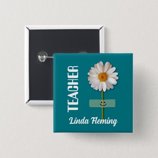 Smiling Daisy Custom Name Button voor Docent (Voorkant /achterkant)