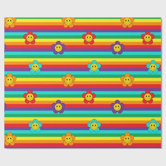 Smiling Emoji Daisies on Rainbow Stripes Cadeaupapier (Vlak)