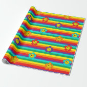 Smiling Emoji Daisies on Rainbow Stripes Cadeaupapier (Uitgerold)