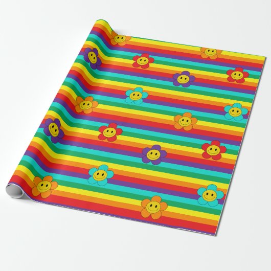 Smiling Emoji Daisies on Rainbow Stripes Cadeaupapier (Uitgerold)