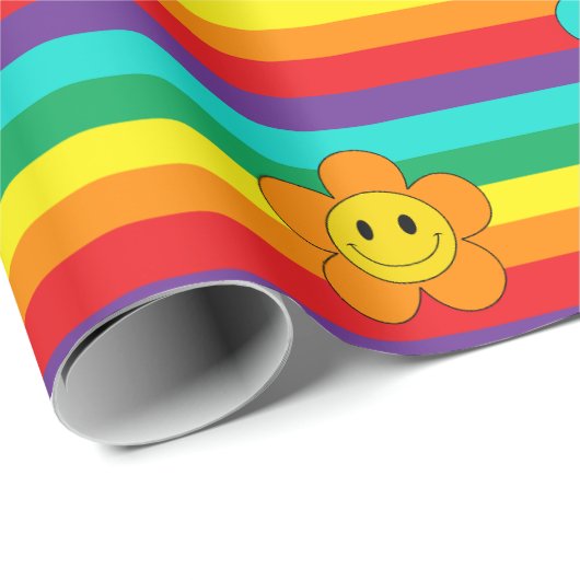 Smiling Emoji Daisies on Rainbow Stripes Cadeaupapier (Rol Hoek)