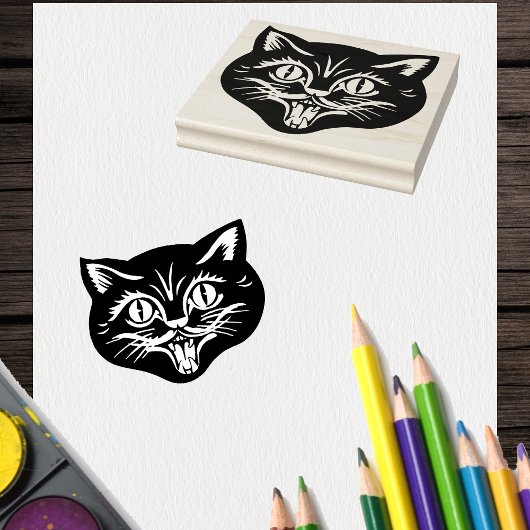 Smiling Face Head of Vintage Halloween Cat Rubberstempel