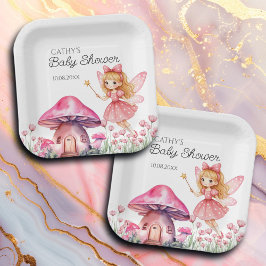 Smiling Fairy and Pink Mushrooms Baby shower Papieren Bordje