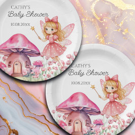 Smiling Fairy and Pink Mushrooms Baby shower Papieren Bordje