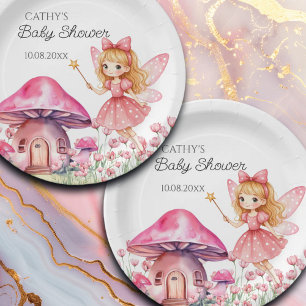 Smiling Fairy and Pink Mushrooms Baby shower Papieren Bordje