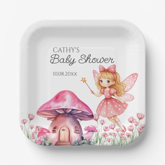 Smiling Fairy and Pink Mushrooms Baby shower Papieren Bordje (Voorkant)