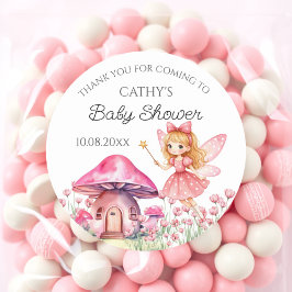 Smiling Fairy and Pink Mushrooms Baby shower Ronde Sticker
