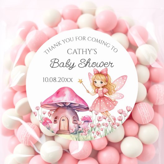 Smiling Fairy and Pink Mushrooms Baby shower Ronde Sticker