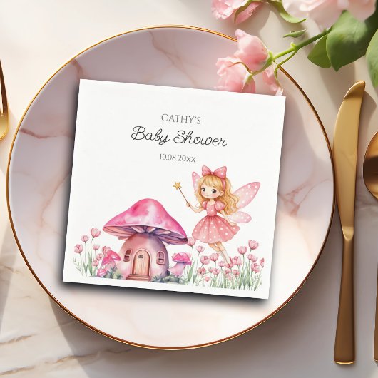 Smiling Fairy and Pink Mushrooms Baby shower Servet