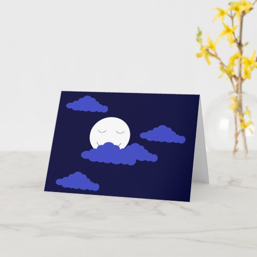 Smiling Full Moon with Clouds: Dark Blue Blank Kaart (Gele Bloem)