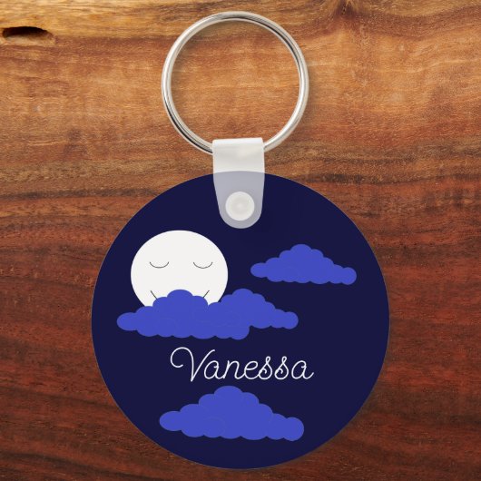 Smiling Full Moon with Clouds: Dark Blue Sleutelhanger (Voorkant)