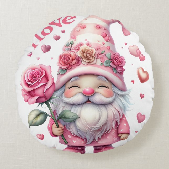 Smiling Gnome Holding a Pink Rose Rond Kussen (Voorkant)